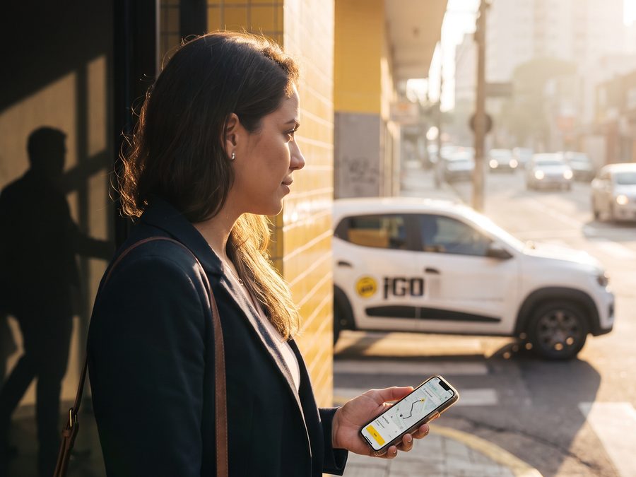 Passageira com o app da iGO aberto enquanto o carro se aproxima, ao fim da tarde em Marília